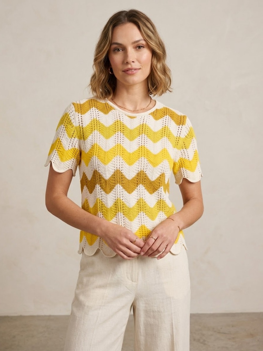 TRINA TURK Chevron Crochet Knit
Short Sleeve Sweater Top Yellow
White